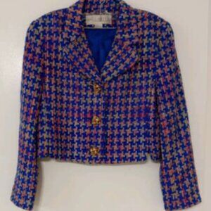 Vintage Doncaster 100% Silk Blazer – Size 8 – Blue Multicolor – Gold Buttons